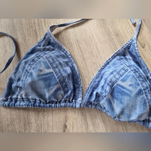 Denim Jean Look Triangle String, Lace up sides Bikini Large - Picture 6 of 10